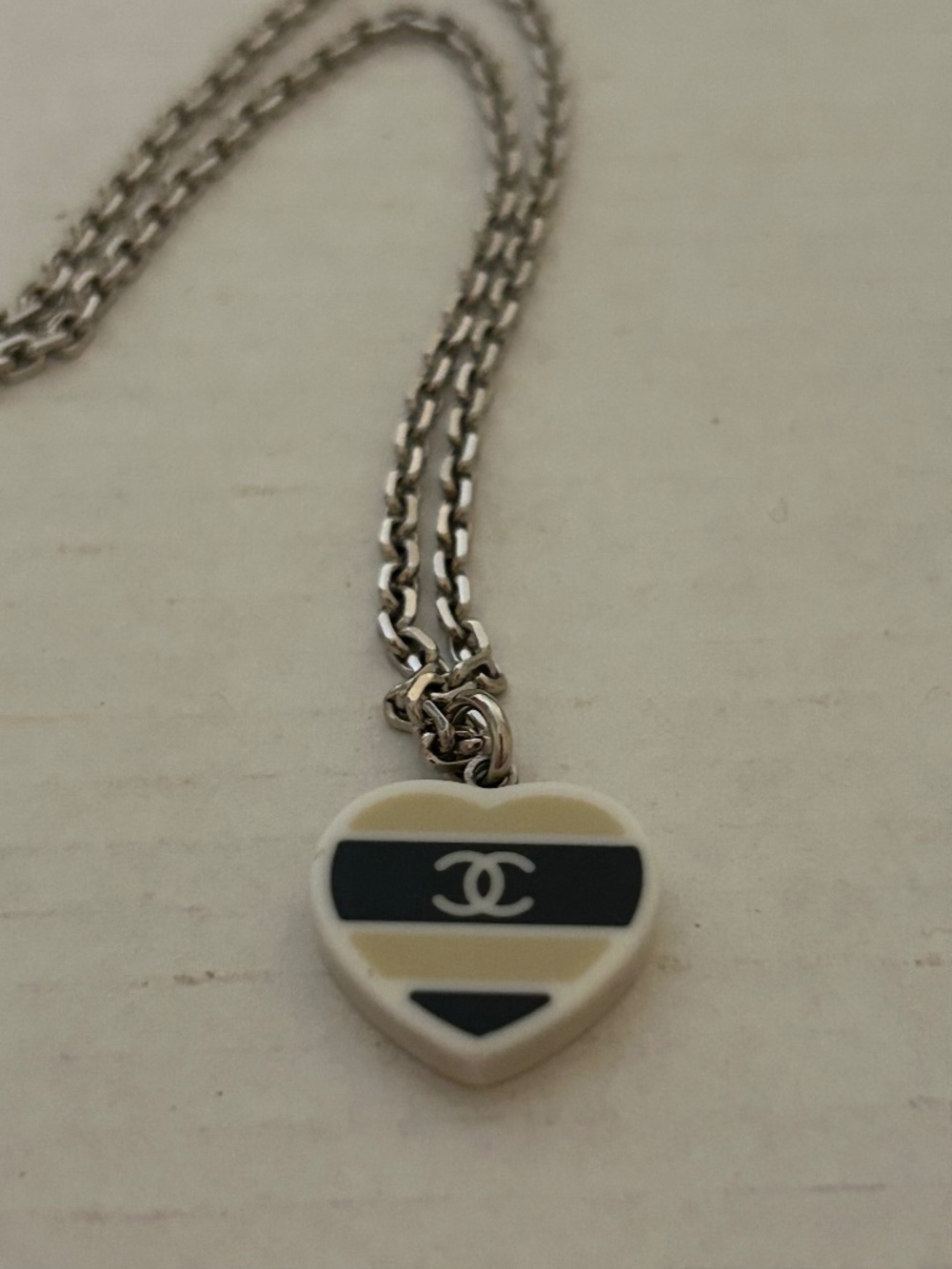 Authentic CHANEL 2005 Cruise Heart Pendant CC Logo Necklace Silver